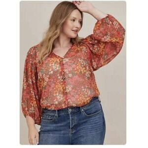 torrid Coral-Red Floral Button-Down Blouse